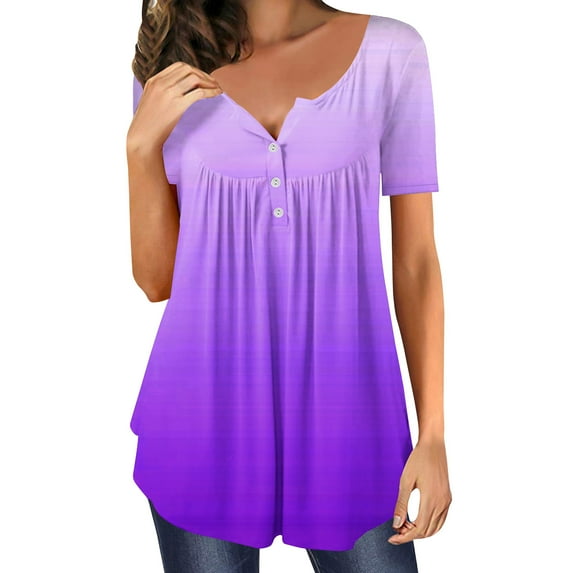 GaThRRgYP Womens Tops Dressy Casual,Tops for Women 2025,Womens Summer Casual V- Neck Hide Belly Short Sleeve T- Tunic Blouses Purple S