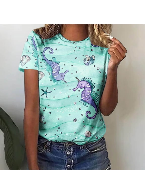 Womens Tops Dressy Casual,Women's Women's Fashion Casual Loose Blouse Ocean Marine Organisms Printing V Neck T-Shirt Blouse Print Tee Mint Green S