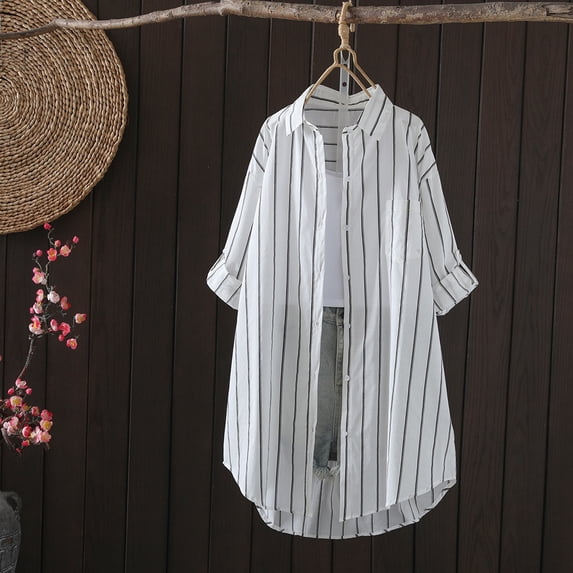 GaThRRgYP Going Out Tops for Women,Womens Plus Size Tops Tunic Short Sleeve Shirts,Ladies Fashion Color Stripe Long Sleeve Cotton Loose Shirt Coat White M