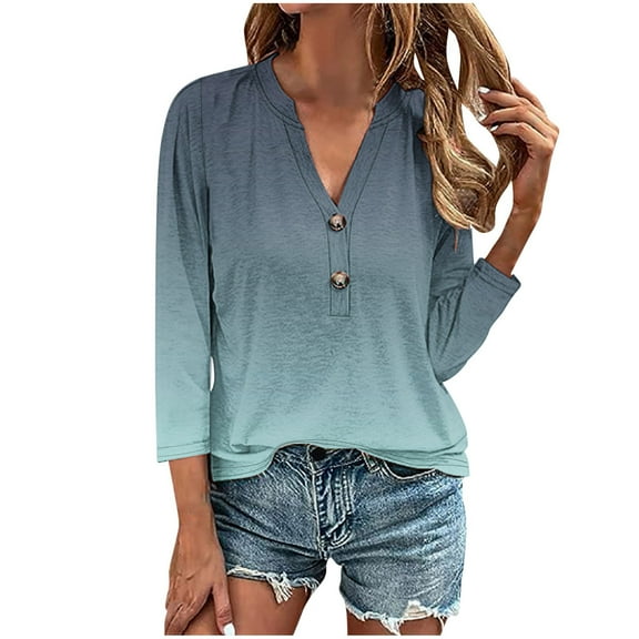 GaThRRgYP Workout Tops for Women,Plus Size Tops for Women,Women's Tops Fashion Solid Button Shirt Female V-Neck Loose T-shirt Blouse Gray S