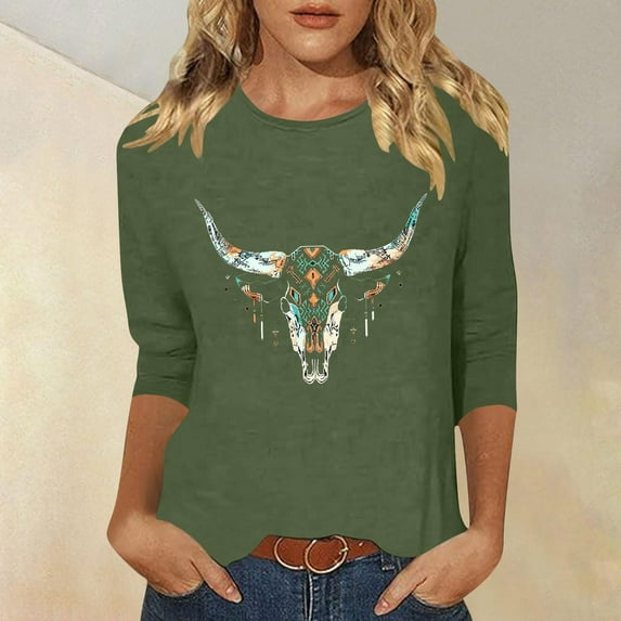 GaThRRgYP Womens Tops Long Sleeveunder $5,Women's New 3/4 Sleeve Western Style Printed Casual Top T-shirt Green M