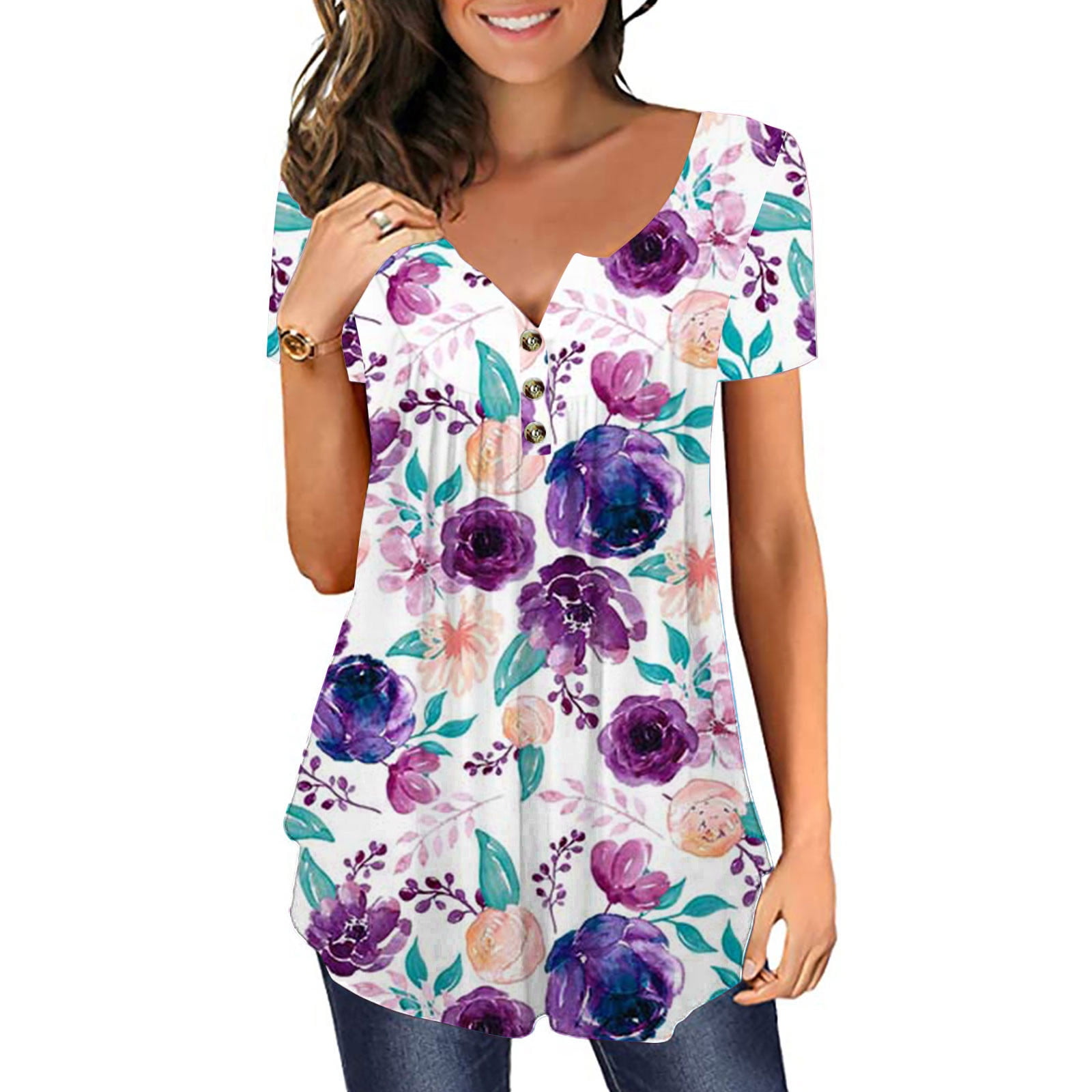 CARCOS Women's Plus Size Color Block Tunic Top - Short Sleeve Henley Blouse, Hot Pink Printed, XL-5XL Size Range, Size 4XL