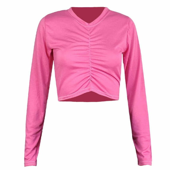 GaThRRgYP Summer Tops,Blouse for Women Dressy Casual,Women's Spring Fall Patchwork Printed Long Sleeves Round Neck Casual Short T-Shirt Tops Hot Pink M