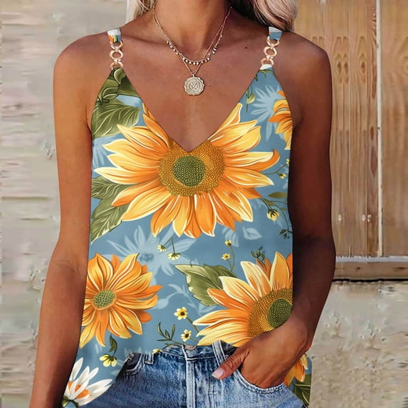 Black*Friday*Deals Clearance GaThRRgYP Womens Tops Plus Size,Women's Sleeveless V-Neck Tank,Women's Summer Casual Sleeveless Floral Printing Blouse V-Neck T-Shirt Green S