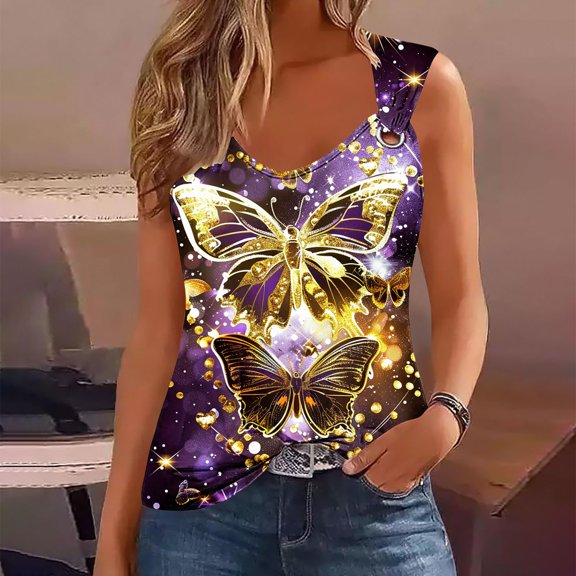 GaThRRgYP Womens Tops Plus Size,Womens Summer Sleeveless V-Neck T-Shirt,Women's Fashionable Sleeveless Printing Metal Round Neck Shirts Blouses Tank Purple XXL