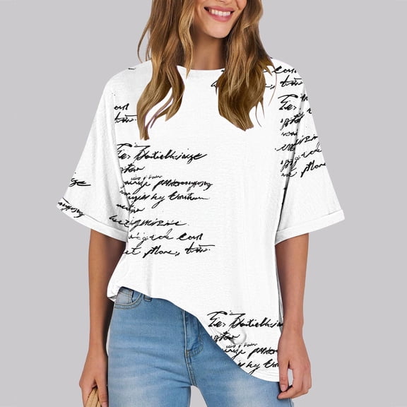 GaThRRgYP Womens Tops,Plus Size Womens Tunic Tops Short Sleeve,Women's Ladies Fashion Casual Cropped Short Sleeve Printing Loose Shirt Blouse Top White S