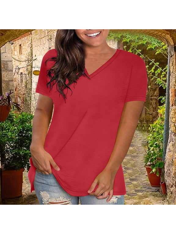 Womens Tops Short Sleeve Blouse,Women's Fashion Printed T-shirt 3/4 Sleeves Blouse Round Neck Casual Red XXL
