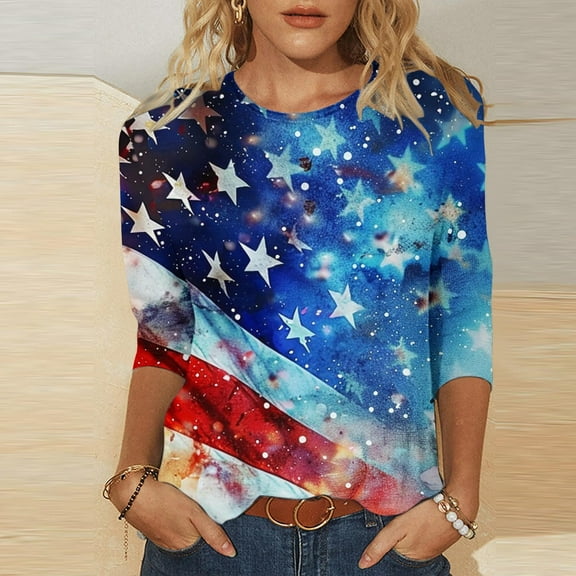 GaThRRgYP Womens Tops Short Sleeve Blouse,Women's Fashion Tees Casual Crewneck 3/4 Sleeve Loose T Shirt Ladies Blouses Shirts Blue M