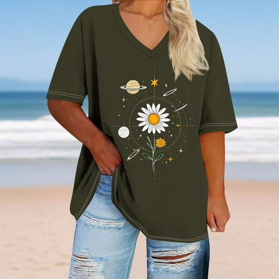 GaThRRgYP Womens Tops Short Sleeve Blouse,Women's Oversized V-neck Short Sleeved Solid Summer Base Shirt Sports T-shirt Army Green S