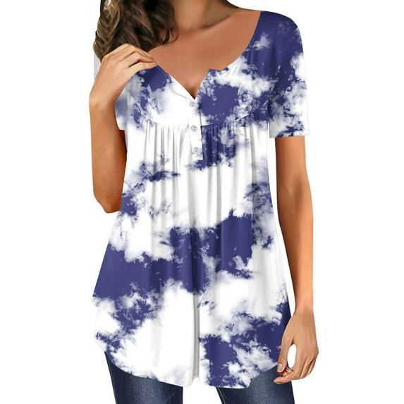 GaThRRgYP Womens Tops Short Sleeve Blouse,Womens Summer Casual V- Neck Hide Belly Short Sleeve T- Tunic Blouses Navy S