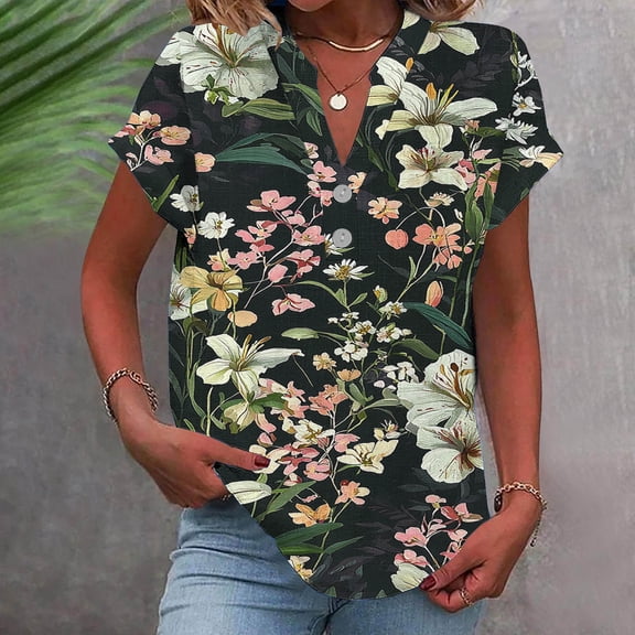 GaThRRgYP Womens Tops Short Sleeve Casual,Women Casual Printed Short Sleeve Button Home V-Neck T-shirt Blouses Black L