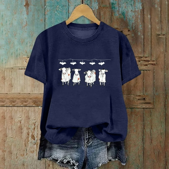 GaThRRgYP Womens Tops Short Sleeve Casual,Womens Plus Size Clearance $5,Halloween Day Shirts Womens Printed T-Shirt Short Sleeve Graphic Tees Navy L