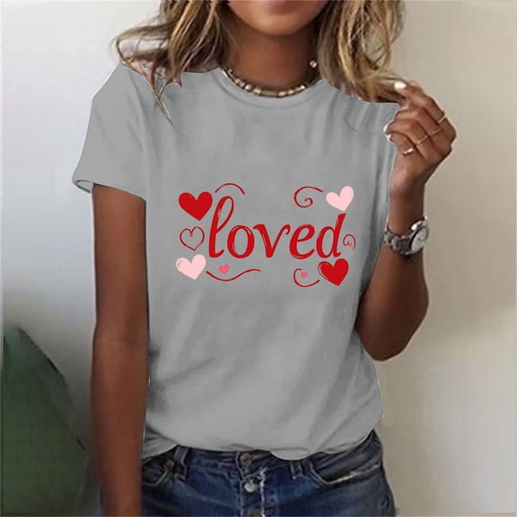 GaThRRgYP Womens Tops Short Sleeve Dressy,Ladies' Valentine's Day Printed Round Neck Short Sleeved T-shirt Loose Casual Top Gray M