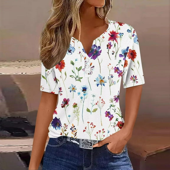 GaThRRgYP Womens Tops Short Sleeve Pullover,Summer for Women Vacation Trendy V Neck Short Sleeve Shirts Casual Loose Spring Vintage Floral Print Comfy Tunic Clothes White S