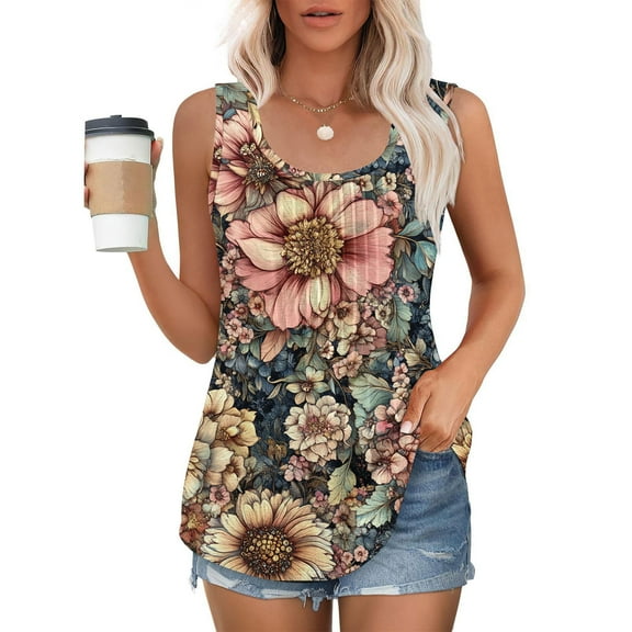 GaThRRgYP Womens Tops Summer Tank Tops,Plus Size Tank Tops for Women Loose Fit,Women's New Loose Casual Crew-neck Pleated Print Fashion Top Multicolor S