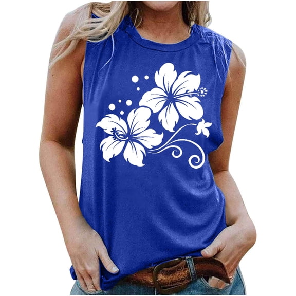 GaThRRgYP Womens Tops Summer Tank Tops,Women's Fashion Casual Printed Sleeveless Blouse Round Neck Sexy Slim Pullover Blue S