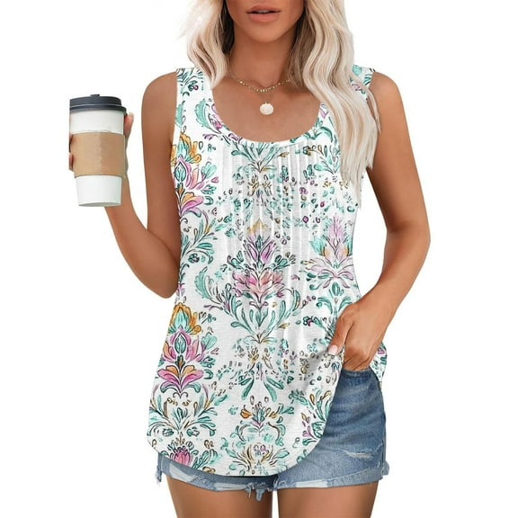 GaThRRgYP Womens Tops Summer Tank Tops,Women's Sleeveless Tank Top,Women's New Loose Casual Crew-neck Pleated Print Fashion Top White XXXXL