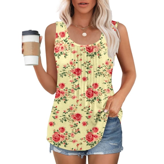 GaThRRgYP Womens Tops SummerTank Tops,Women's Sleeveless Tank Top,Women's New Loose Casual Crew-neck Pleated Print Fashion Top Yellow L