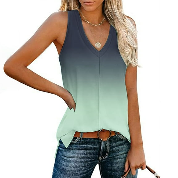 GaThRRgYP Womens Tops Summer Tank Tops,Women's Sleeveless V-Neck Blouse,Ladies' Loose and Casual New Gradient V-neck Sleeve with Side Slit Casual Fashion Top Gray M
