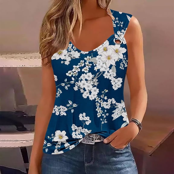 GaThRRgYP Womens Tops Summer Tank Tops,Women's Sleeveless V-Neck Top,Women's Fashionable Sleeveless Printing Metal Round Neck Shirts Blouses Tank Navy XL