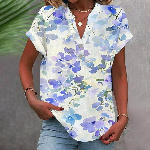 GaThRRgYP Womens Tops Summer,Women Casual Printed Short Sleeve Button Home V-Neck T-shirt Blouses Purple L