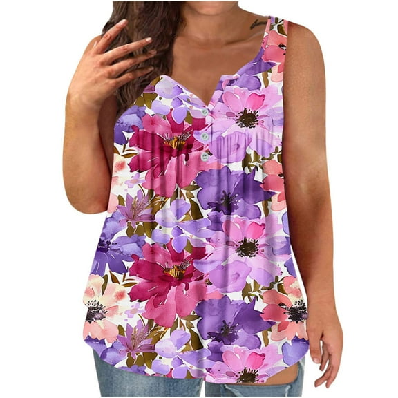 GaThRRgYP Womens Tops Summer,Women's Plus V-Neck Tee,Womens Tank Summer Printing Sleeveless Flared Trendy Casual Blouse Button Tunic Shirt Purple XL