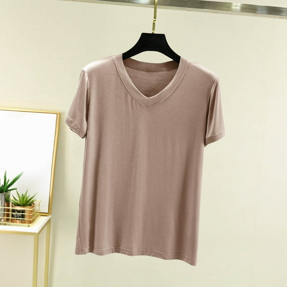 GaThRRgYP Womens Tops Summer,Fashion Women's Summer Casual Solid Color Loose Short Sleeve V-Neck Blouses Shirts Coffee M