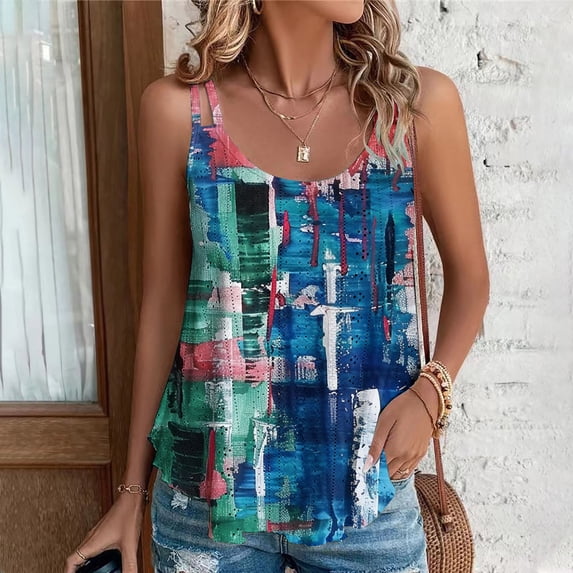 GaThRRgYP Womens Tops Summer Sleeveless,Tank Tops for Girls,2025 Women's Spring and Summer New Tank Eyelet Embroidery Neck Independence Day Print Casual Fashion Top Blue XL