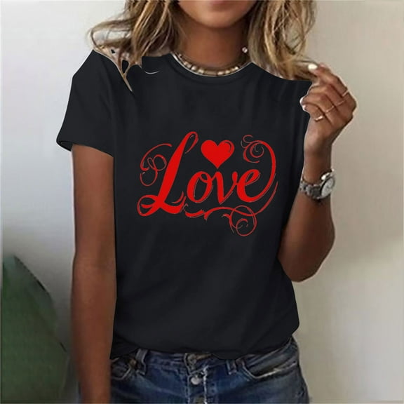 GaThRRgYP Womens Tops Trendy,T Shirts for Women Tops Summer,Ladies' Valentine's Day Printed Round Neck Short Sleeved T-shirt Loose Casual Top Black S