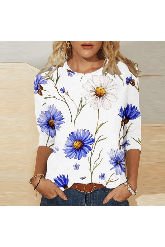 Black*Friday Discounted Items under $5 GaThRRgYP Womens Tops Trendy,Women's Printed Crew Neck 3/4 Sleeve T-shirt Loose Top Blue XL