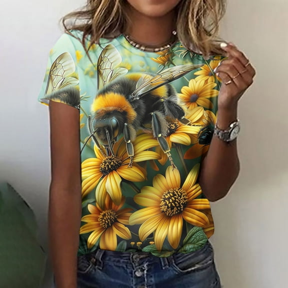 GaThRRgYP Womens Tops Trendy,Women's Short Sleeve Summer Tops,Women's Casual Round Neck Printed Short Sleeved Top Yellow S