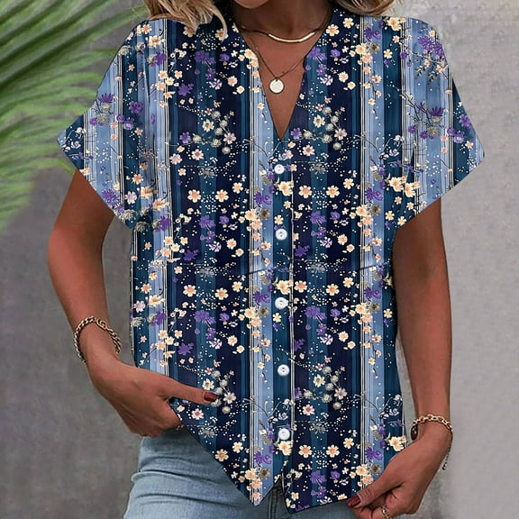 GaThRRgYP Womens Tops Trendy,Women's Short Sleeved Fashionable Printed T-shirt Cardigan Loose and Women's Summer Casual Shirt Blue L