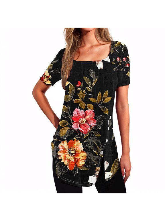 Womens Tops Trendy,Women's Short Sleeved Printed Neck Button Open Hem T-shirt Top Multicolor L