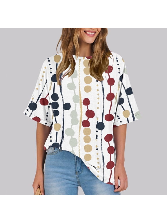 Womens Tops Trendy,Womens Plus Size $5,Women's Ladies Fashion Casual Cropped Short Sleeve Printing Loose Shirt Blouse Top White M