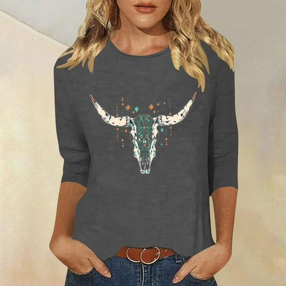 GaThRRgYP Womens Tops,Women's New 3/4 Sleeve Western Style Printed Casual Top T-shirt Gray L