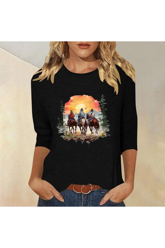 Womens Tops Womens Plus Size $5,Fall Clothes Womens Tops Long Sleeve,Women's New 3/4 Sleeve Western Style Printed Casual Top T-shirt Black M
