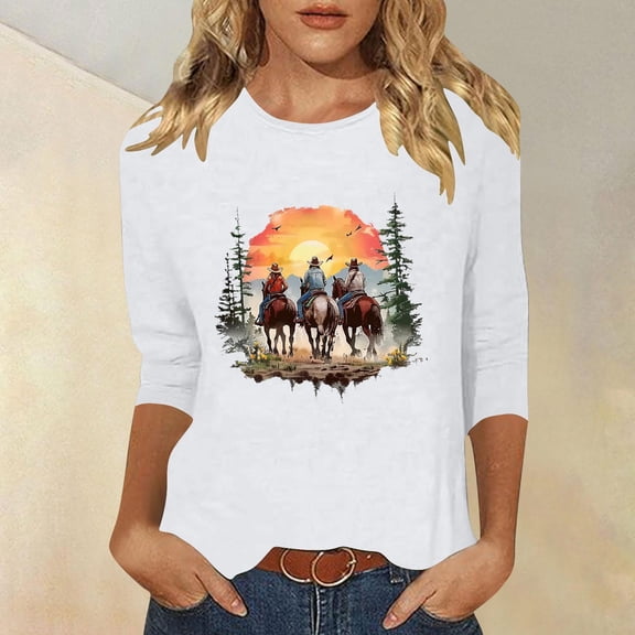 GaThRRgYP Womens Tops under $10,Tops for Women Plus Size Long Sleeves,Women's New 3/4 Sleeve Western Style Printed Casual Top T-shirt White M