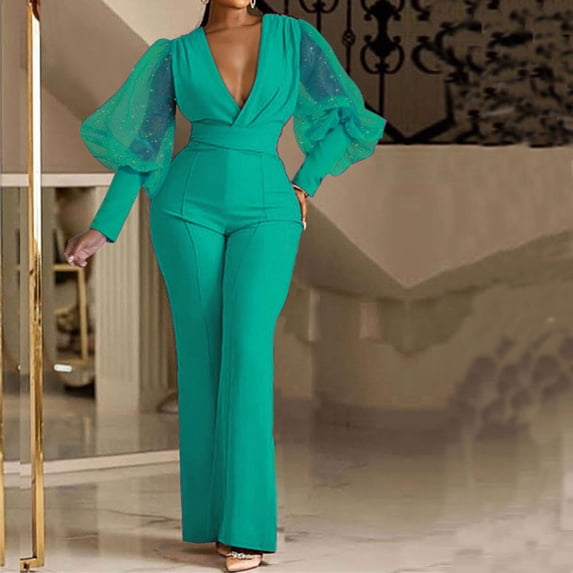 GaThRRgYP Womens Trousers High Waisted,Fashion Womens WinterSolid Sequins Patchwork Long Sleeve V-Neck Jumpsuits