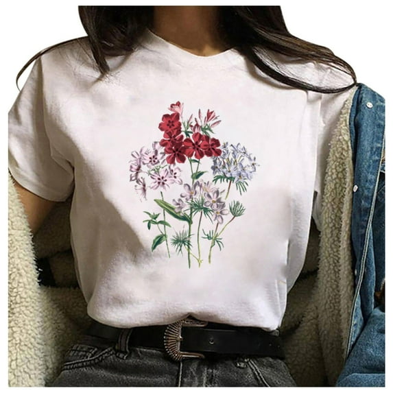 GaThRRgYP Off the Shoulder Tops for Women,Womens Plus Size Tops Tunic Short Sleeve Shirts,Women's Fashion Floral Plant Print Female Round Neck Loose T-shirt White L