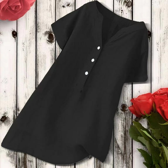 GaThRRgYP Tops for Women Trendy,Womens Summer Tops Plus Size,Women's V-Neck Short Sleeve Loose Button Cotton and Linen Tunic Shirts Summer Shirts Blouse Black XL