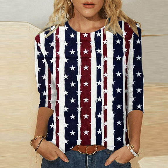 GaThRRgYP Workout Tops for Women,Summer Tops for Girls,Women's Fashion Printed T-shirt Mid-length 3/4 Sleeves Blouse Round Neck Casual Tops Dark Blue XXL
