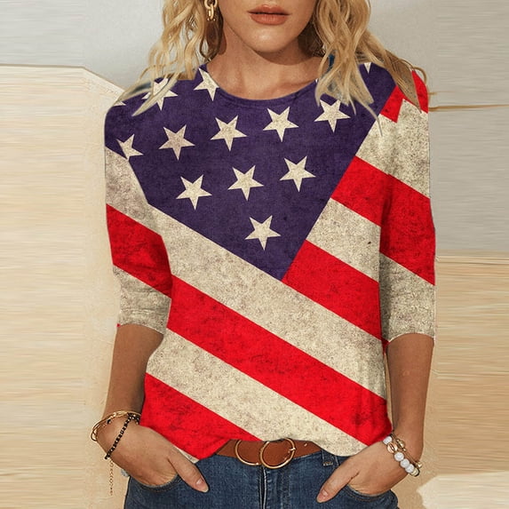 GaThRRgYP Workout Tops for Women,Womens Tops Plus Size,Women's Fashion Printed T-shirt Mid-length 3/4 Sleeves Blouse Round Neck Casual Tops Black S