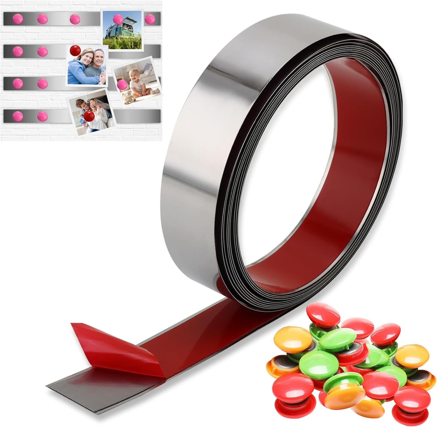 Gaahing Self-Adhesive Backing Metal Tape with 50 Pcs Magnets, Flexible Ferrous Memo Strips for Magnets, Bulletin Bar Board Office Home Use