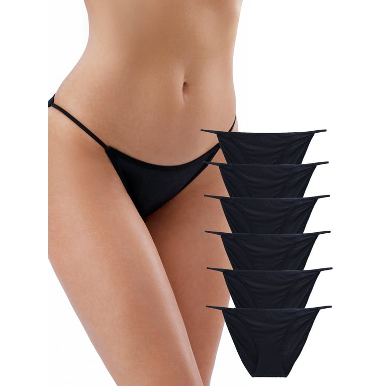 GaaiKei 6 Pack String Bikini Underwear for Women,Sexy Low Waisted Bikini  Panties Stretch Briefs(Black,Size 4)
