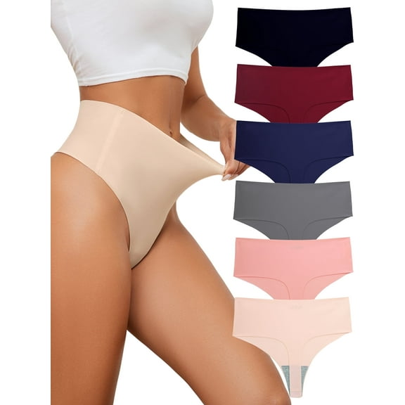 GaaiKei High Waisted Thongs for Women Seamless Underwear for Women No Show Sexy Breathable Panties for Laides 6 Pack, Size 10