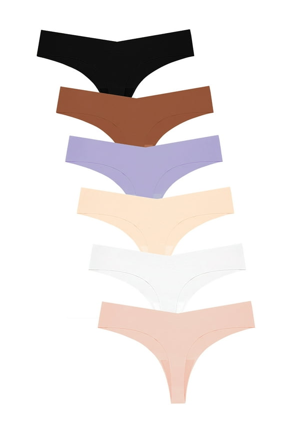 Seamless Thongs for Women No Show Thong V-waisted Stretch Breathable Sexy Panties Underwear 6 Pack,Size 4