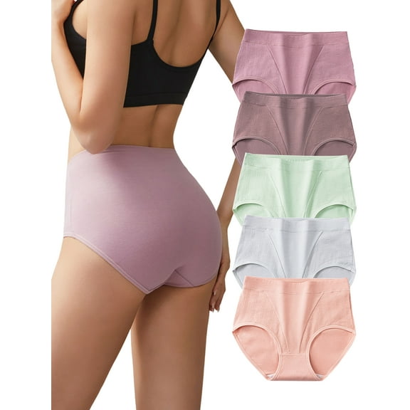 GaaiKei Women's Cotton Underwear High Waisted Full Coverage Brief Cotton Panties 5 Pack, Size 6