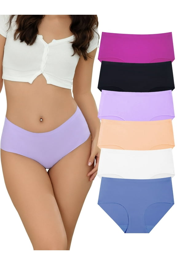 Women's Seamless Bikini Panties Mid Rise No Show Underwear with Cotton Crotch 6 Pack Size 6