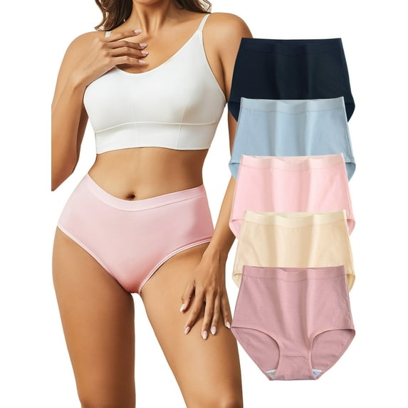 GaaiKei Womens Cotton Underwear High Waist Full Coverage Briefs Tummy Control Panties Stretch Underpants 5 Pack, Size 7