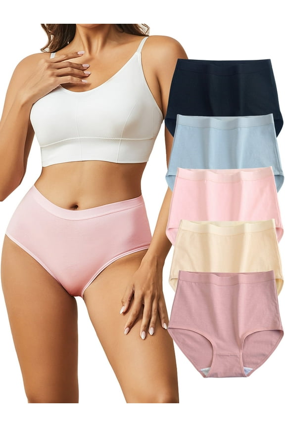 Womens Cotton Underwear High Waist Full Coverage Briefs Tummy Control Panties Stretch Underpants 5 Pack, Size 7